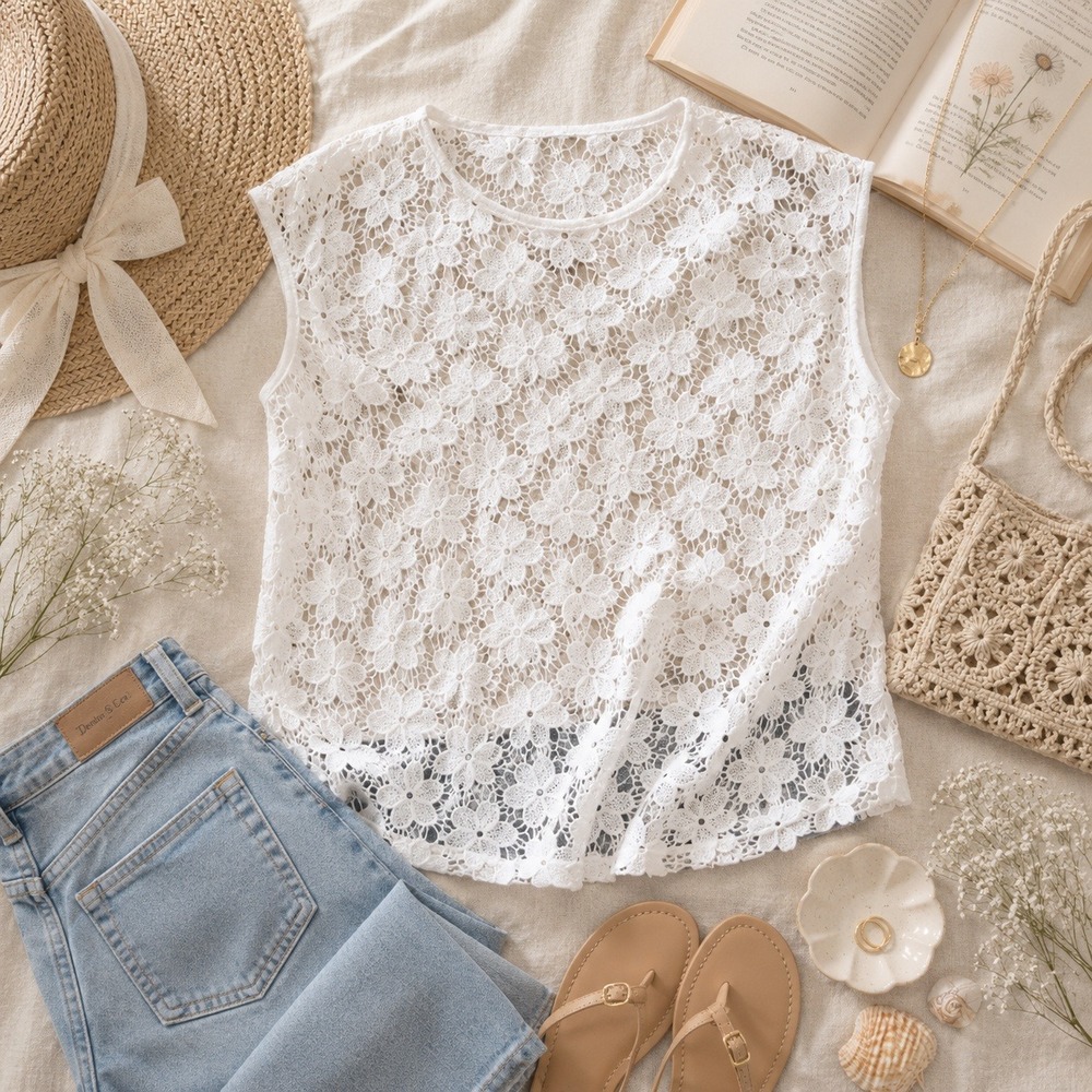 Talbots‎ White Cotton Floral Crochet Lace Sleeveless Top Womens XS Cottagecore